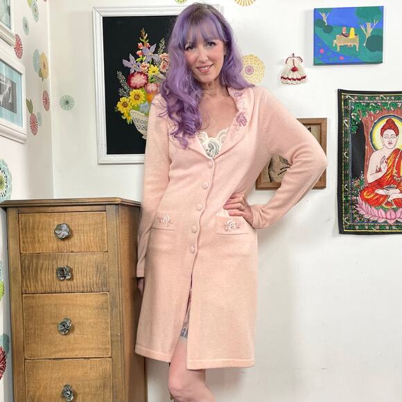 Vintage Ballet Pink Cardigan, y2k Arden B Flower Embroidery Duster Sweater Sz M - Picture 1 of 11